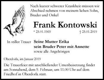 Traueranzeige von Frank Kontowski von Thüringer Allgemeine, Thüringische Landeszeitung