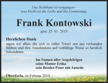 Traueranzeige von Frank Kontowski von Thüringer Allgemeine, Thüringische Landeszeitung