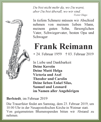 Traueranzeige von Frank Reimann von Thüringer Allgemeine, Thüringische Landeszeitung