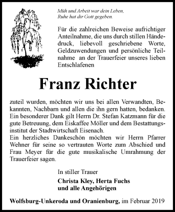 Traueranzeige von Franz Richter von Thüringer Allgemeine, Thüringische Landeszeitung