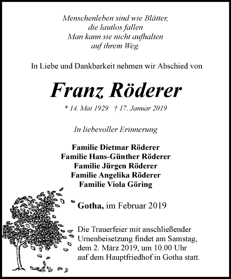  Traueranzeige für Franz Röderer vom 16.02.2019 aus Ostthüringer Zeitung, Thüringische Landeszeitung