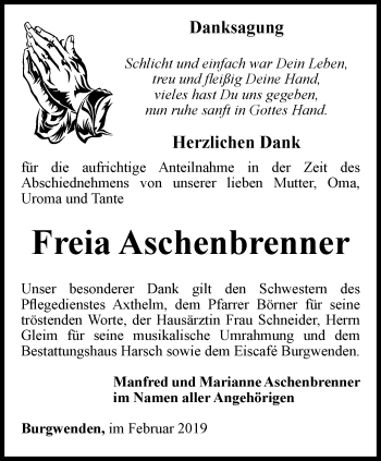 Traueranzeige von Freia Aschenbrenner von Thüringer Allgemeine