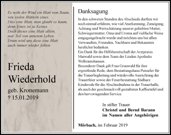 Traueranzeige von Frieda Wiederhold von Thüringer Allgemeine