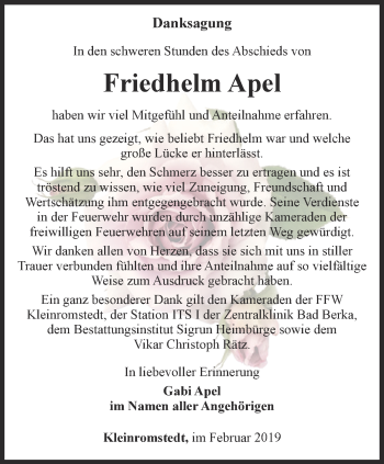 Traueranzeige von Friedhelm Apel von Thüringer Allgemeine, Thüringische Landeszeitung