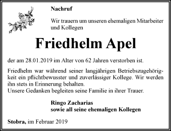 Traueranzeige von Friedhelm Apel von Ostthüringer Zeitung, Thüringische Landeszeitung