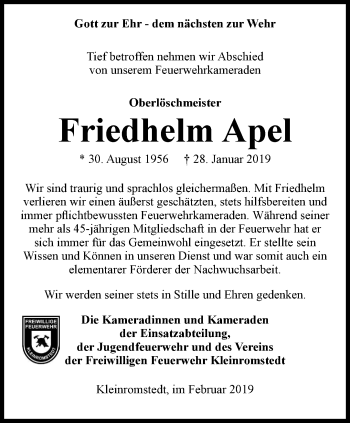 Traueranzeige von Friedhelm Apel von Thüringer Allgemeine, Thüringische Landeszeitung