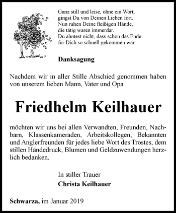 Traueranzeige von Friedhelm Keilhauer von Ostthüringer Zeitung