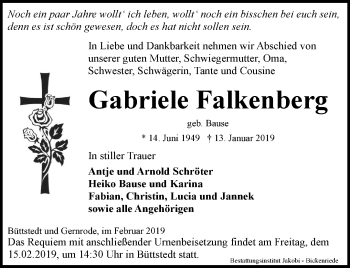 Traueranzeige von Gabriele Falkenberg von Thüringer Allgemeine, Thüringische Landeszeitung