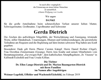 Traueranzeige von Gerda Dietrich von Thüringer Allgemeine, Thüringische Landeszeitung