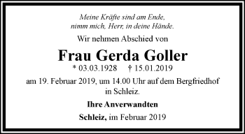 Traueranzeige von Gerda Goller von Ostthüringer Zeitung