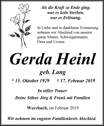 Traueranzeige von Gerda Heinl von Ostthüringer Zeitung
