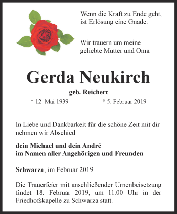 Traueranzeige von Gerda Neukirch von Ostthüringer Zeitung