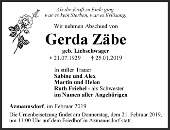 Traueranzeige von Gerda Zäbe von Thüringer Allgemeine, Thüringische Landeszeitung