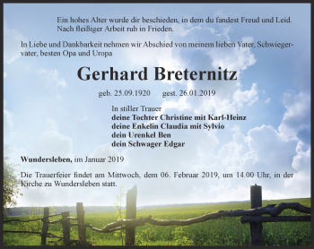 Traueranzeige von Gerhard Breternitz von Thüringer Allgemeine