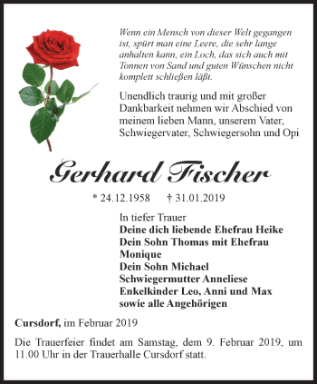 Traueranzeige von Gerhard Fischer von Ostthüringer Zeitung