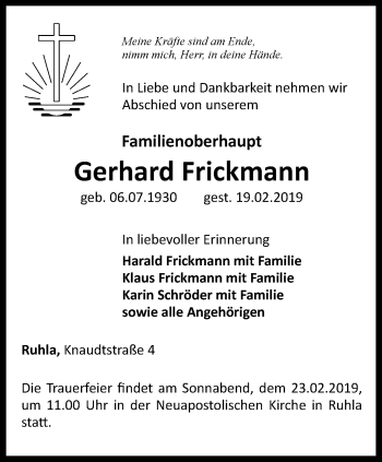 Traueranzeige von Gerhard Frickmann von Thüringer Allgemeine, Thüringische Landeszeitung