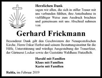 Traueranzeige von Gerhard Frickmann von Thüringer Allgemeine, Thüringische Landeszeitung