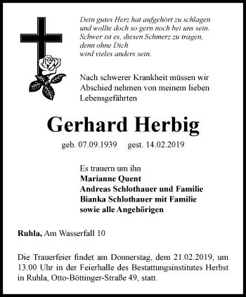 Traueranzeige von Gerhard Herbig von Thüringer Allgemeine, Thüringische Landeszeitung