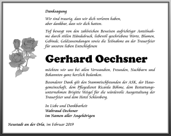 Traueranzeige von Gerhard Oechsner von Ostthüringer Zeitung