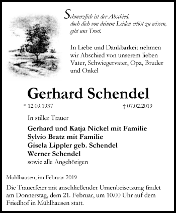 Traueranzeige von Gerhard Schendel von Thüringer Allgemeine, Thüringische Landeszeitung