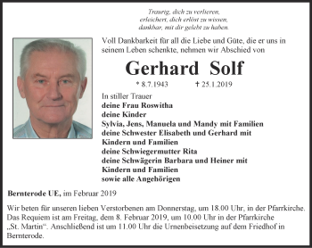 Traueranzeige von Gerhard Solf von Thüringer Allgemeine