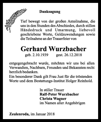 Traueranzeige von Gerhard Wurzbacher von Ostthüringer Zeitung