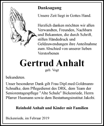 Traueranzeige von Gertrud Anhalt von Thüringer Allgemeine, Thüringische Landeszeitung