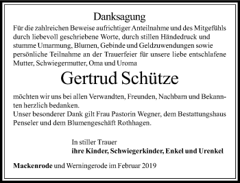 Traueranzeige von Gertrud Schütze von Thüringer Allgemeine