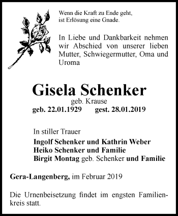 Traueranzeige von Gisela Schenker