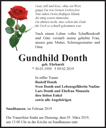 Traueranzeige von Gundhild Donth von Ostthüringer Zeitung, Thüringische Landeszeitung