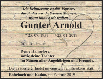 Traueranzeige von Gunter Arnold von Ostthüringer Zeitung