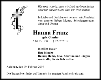 Traueranzeige von Hanna Franz von Thüringer Allgemeine