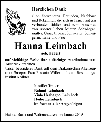 Traueranzeige von Hanna Leimbach von Ostthüringer Zeitung, Thüringische Landeszeitung