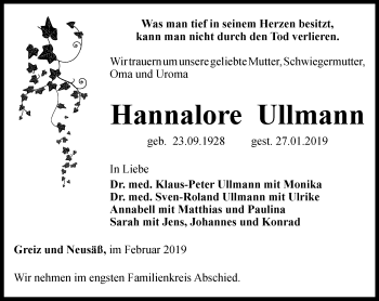 Traueranzeige von Hannalore Ullmann