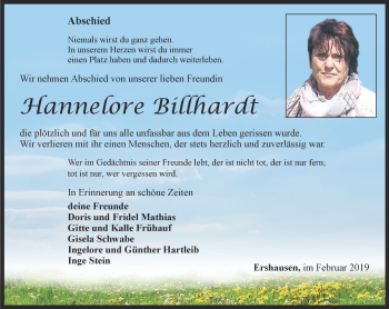 Traueranzeige von Hannelore Billhardt von Thüringer Allgemeine