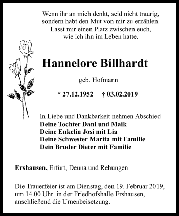 Traueranzeige von Hannelore Billhardt von Thüringer Allgemeine