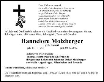 Traueranzeige von Hannelore Molzberger von Thüringer Allgemeine, Thüringische Landeszeitung