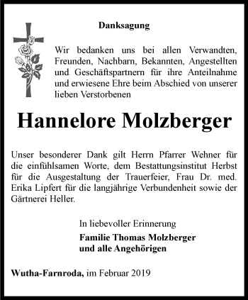 Traueranzeige von Hannelore Molzberger von Thüringer Allgemeine, Thüringische Landeszeitung