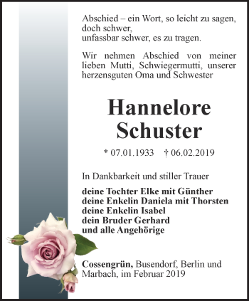 Traueranzeige von Hannelore Schuster von Ostthüringer Zeitung