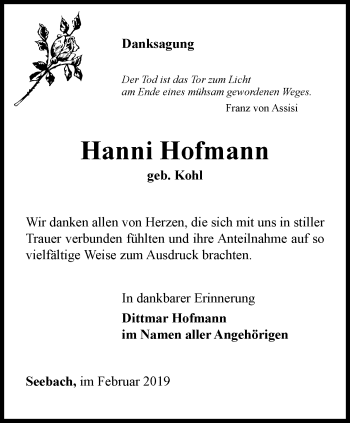 Traueranzeige von Hanni Hofmann von Thüringer Allgemeine, Thüringische Landeszeitung