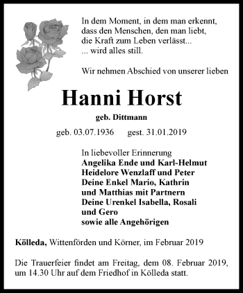 Traueranzeige von Hanni Horst von Thüringer Allgemeine