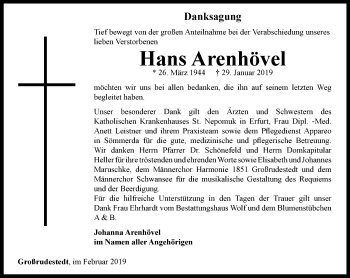 Traueranzeige von Hans Arenhövel von Thüringer Allgemeine, Thüringische Landeszeitung