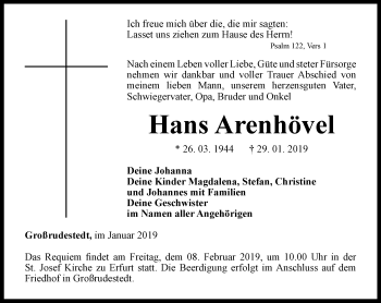 Traueranzeige von Hans Arenhövel von Thüringer Allgemeine, Thüringische Landeszeitung