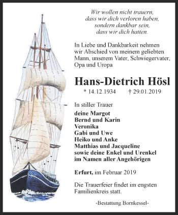 Traueranzeige von Hans-Dietrich Hösl