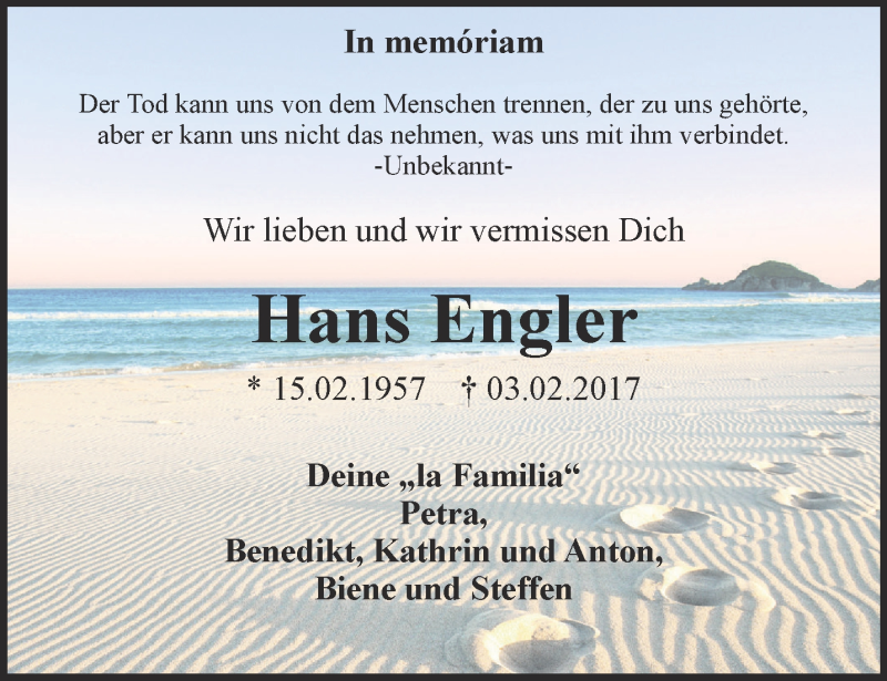  Traueranzeige für Hans Engler vom 02.02.2019 aus Ostthüringer Zeitung, Thüringische Landeszeitung