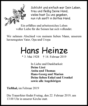 Traueranzeige von Hans Heinze von Thüringer Allgemeine, Thüringische Landeszeitung