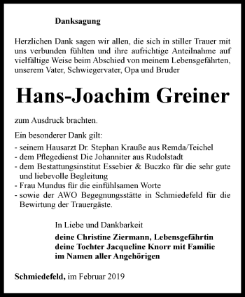 Traueranzeige von Hans-Joachim Greiner von Ostthüringer Zeitung