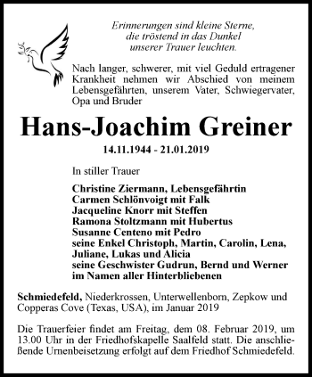 Traueranzeige von Hans-Joachim Greiner von Ostthüringer Zeitung