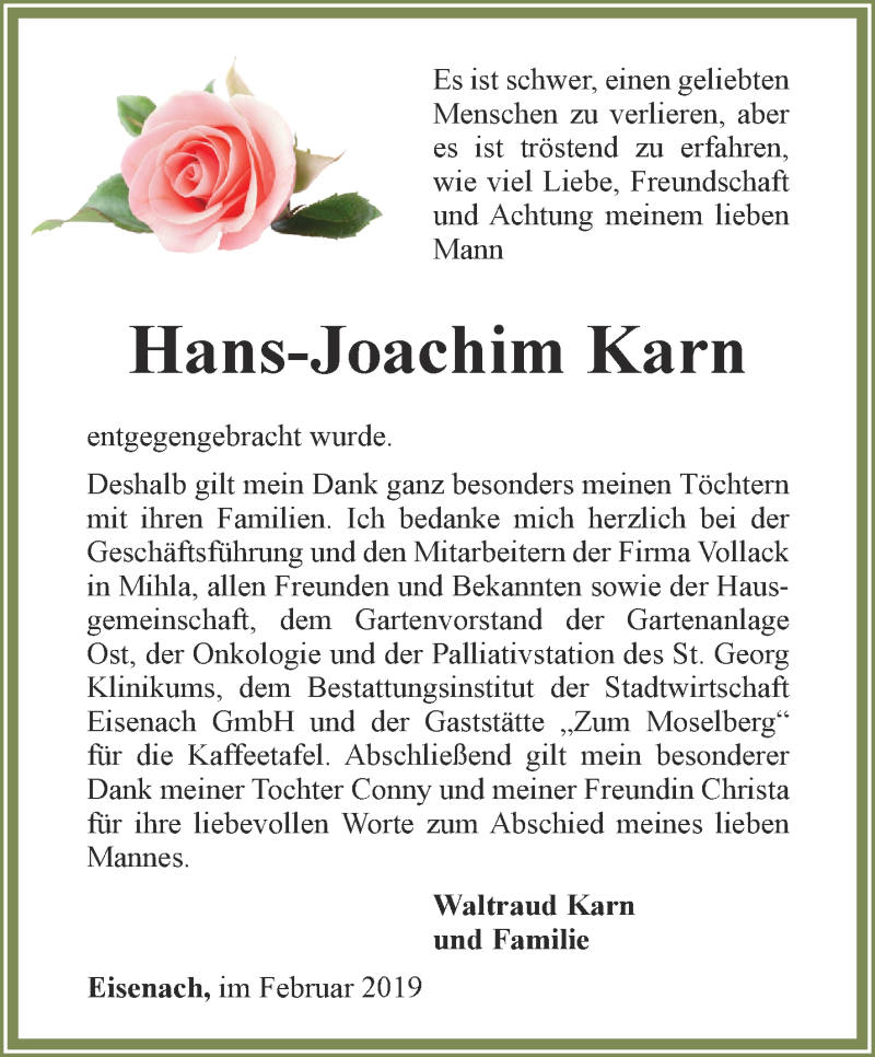  Traueranzeige für Hans-Joachim Karn vom 06.02.2019 aus Thüringer Allgemeine, Thüringische Landeszeitung