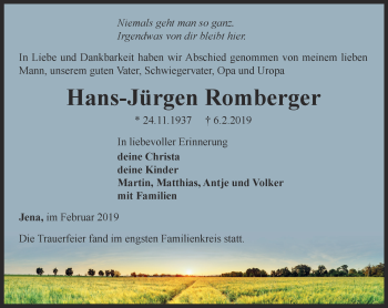 Traueranzeige von Hans-Jürgen Romberger von Ostthüringer Zeitung, Thüringische Landeszeitung